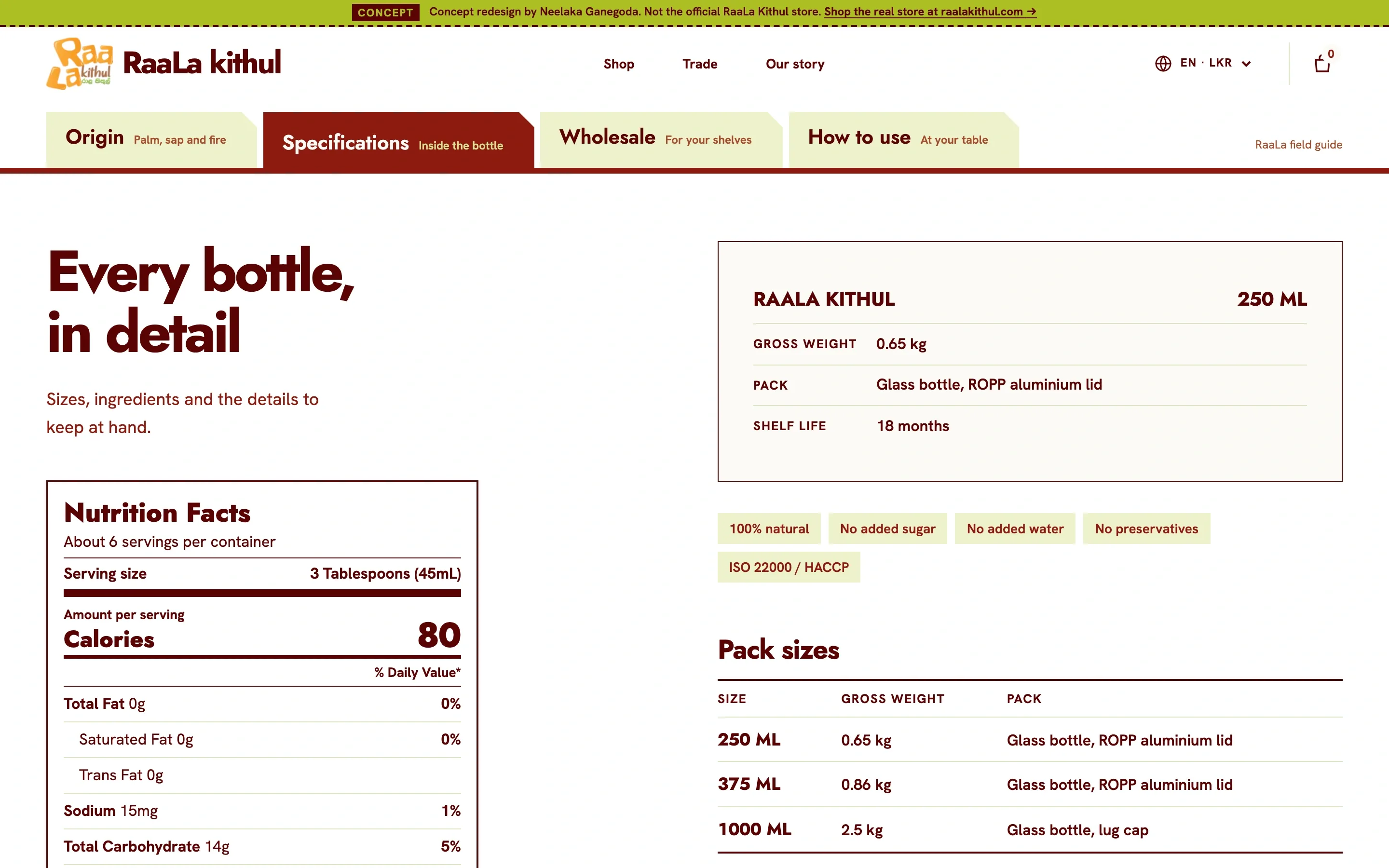 Redesigned specifications chapter with the US Nutrition Facts panel, bottle details and pack sizes