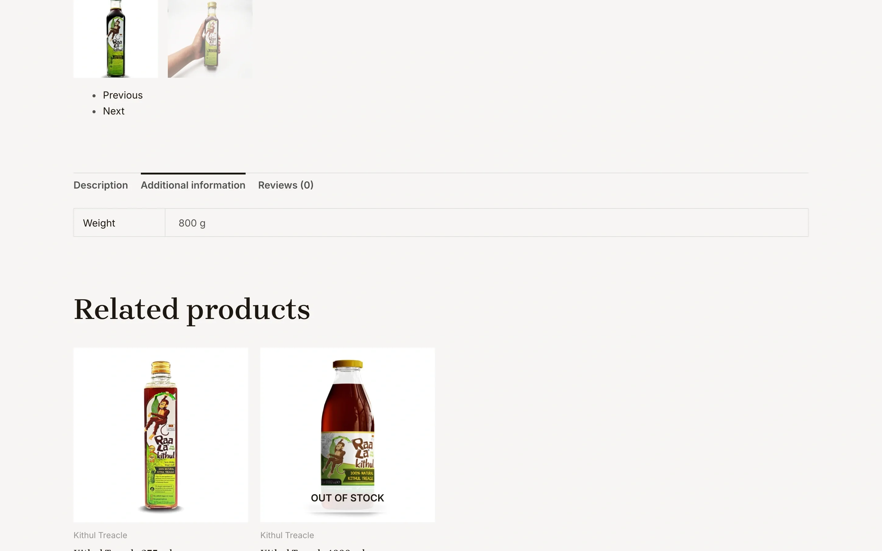 Original product details tabs showing only a weight of 800 g, above related products