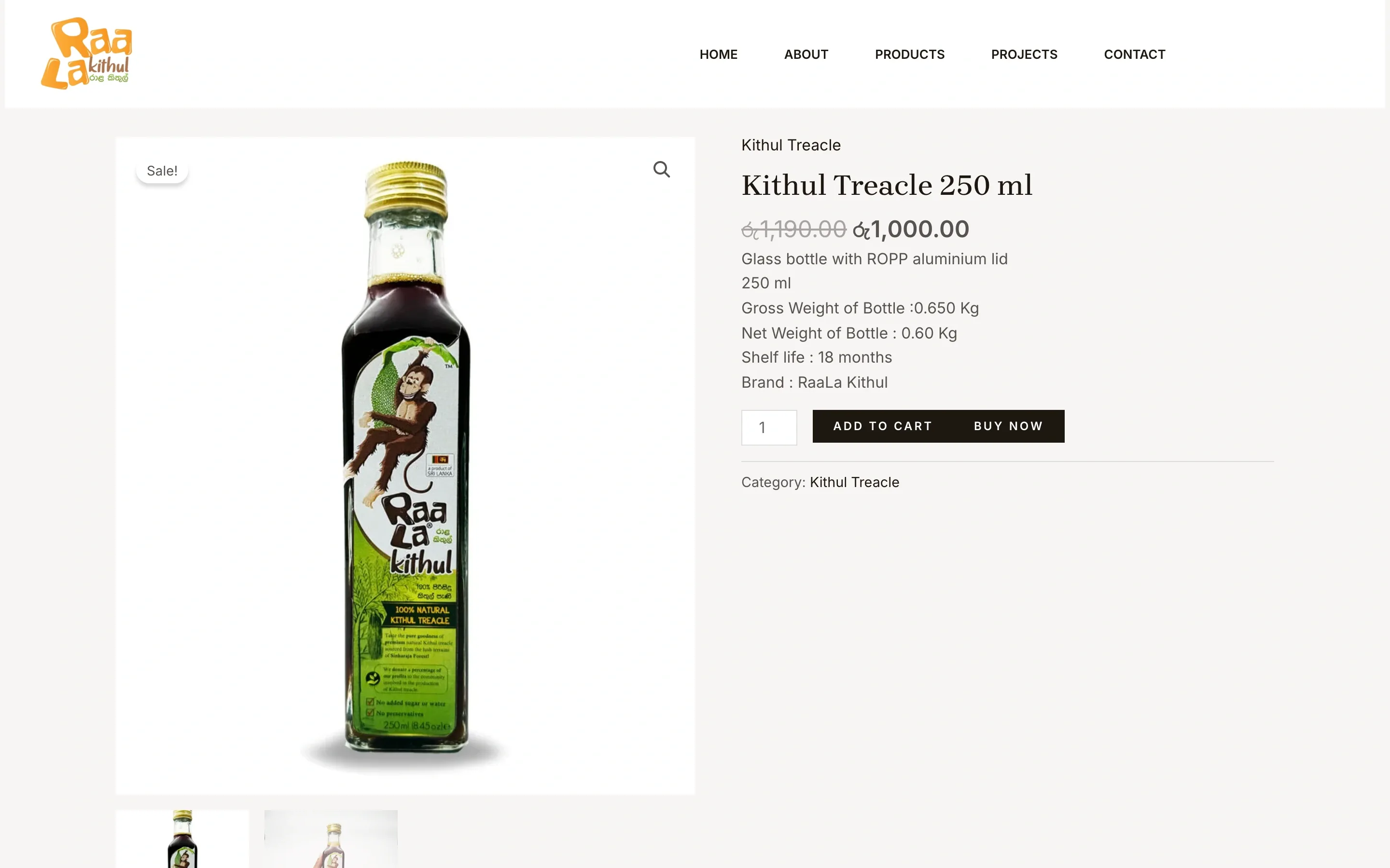 Original product page for the 250 ml kithul treacle