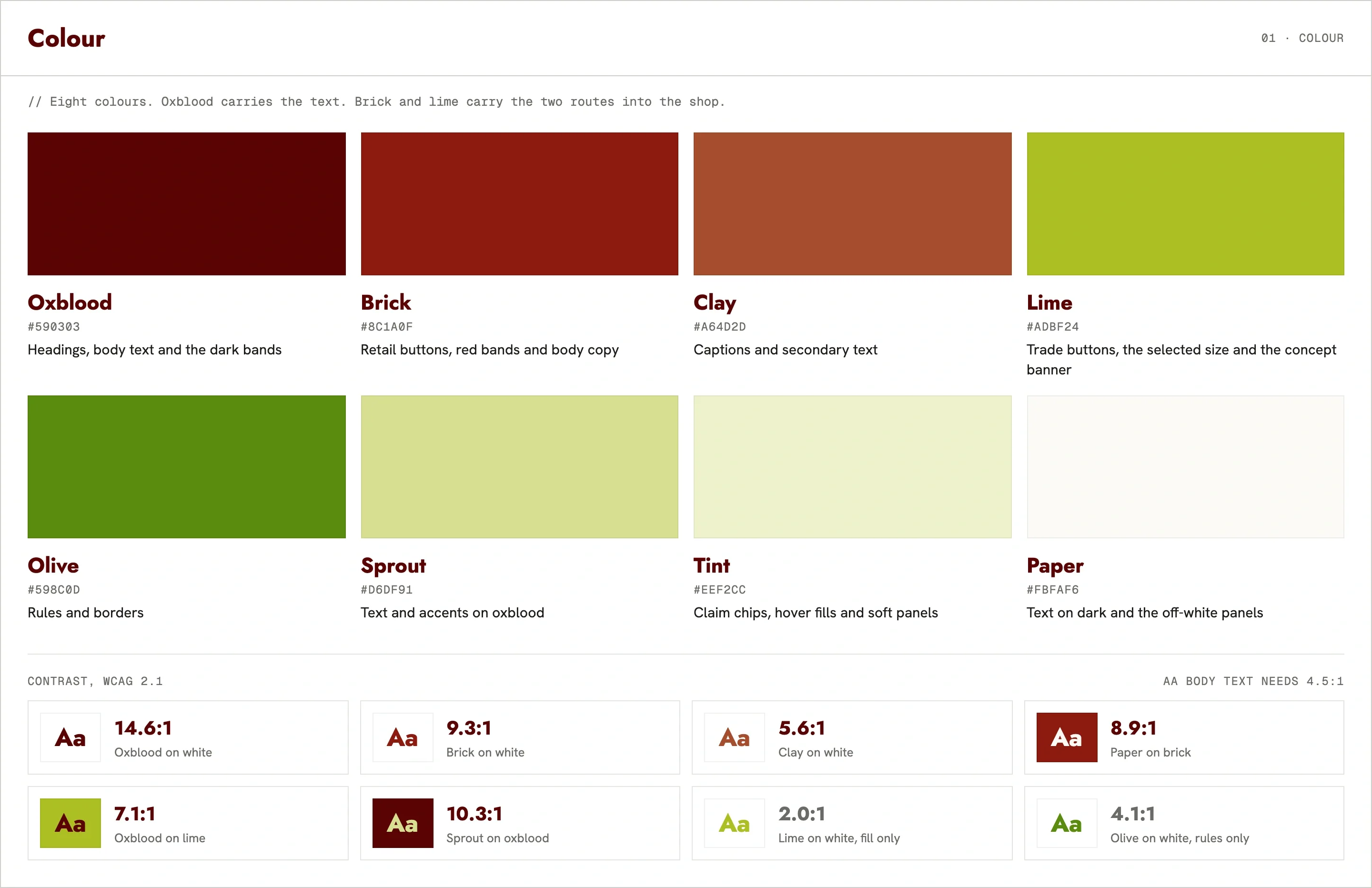 Colour palette with eight swatches and contrast ratios