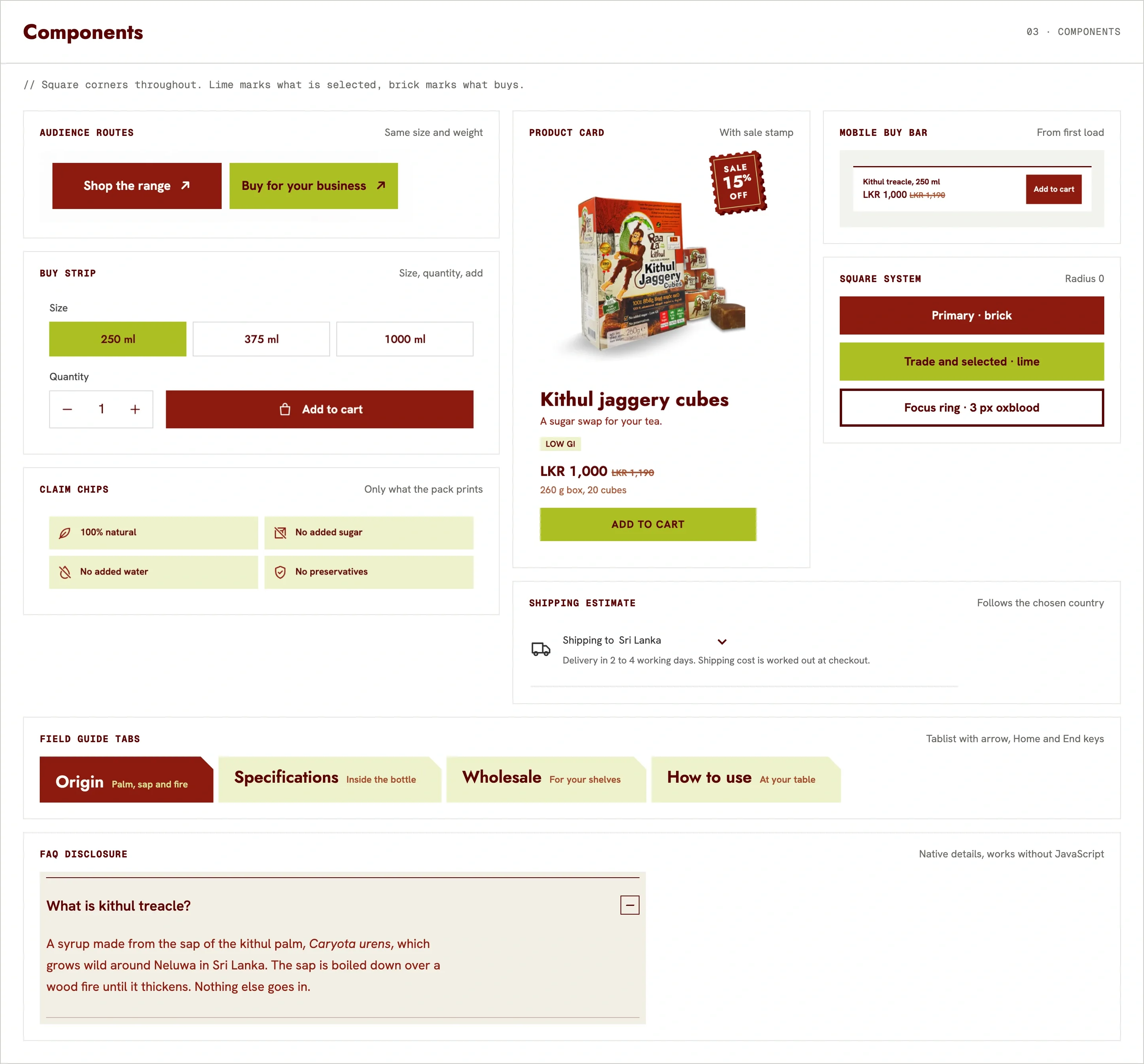 Component sheet with buttons, buy strip, claim chips, product card, tabs and FAQ