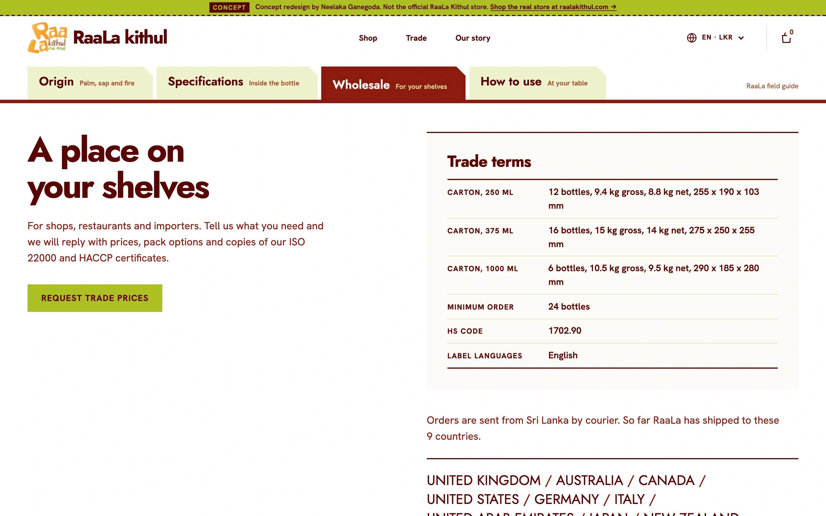 Wholesale chapter with the trade terms sheet